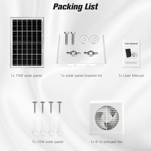 blessny Solar Powered Exhaust Fan, 15W Solar Panel + 6" Ventilation Vent Fan for Outside Greenhouse, Chicken Coop, Shed, Pet House - size: 6" Fan Kit