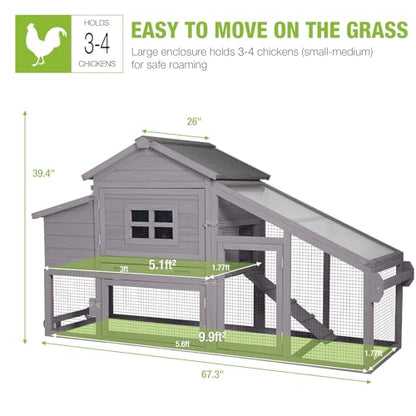 GUTINNEEN Chicken Coop Mobile Hen House Wooden with Run Poultry Cage with Nesting Box,Movable - color: Grey