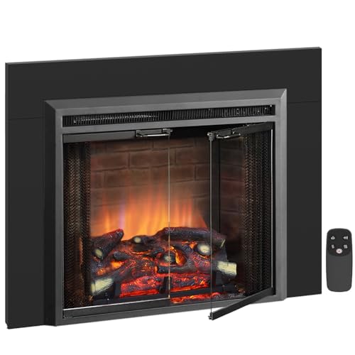 PuraFlame Klaus 26” Electric Fireplace Insert with Trim Kit, Fire Crackling Sound, Resin Log, Glass Door and Mesh Screen, 750/1500W Heater, Black - size: 26" with Trim