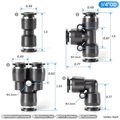 TAILONZ PNEUMATIC Black 1/4 Inch od Push to Connect Fittings Pneumatic Fittings Kit 20 Spliters+20 Elbows+20 tee+20 Straight (80 pcs) - color: Black, size: 1/4"OD/80PCS