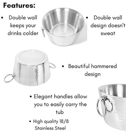 BIRDROCK HOME Hammered Stainless Steel Round Beverage Tub with Handles - Double Wall Insulated 3 Gallons - Metal Drink Cooler & Ice Bucket for Parties - Outdoor Aluminum Holder for Bottles & Soda - color: Silver