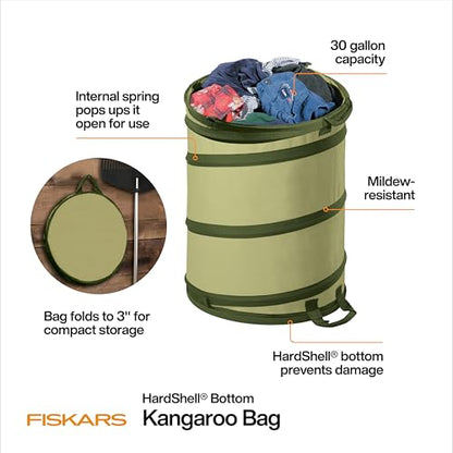 Fiskars Kangaroo Collapsible Garden Bag with Heavy Duty Hardshell Bottom for Yard Waste, 30 Gallon Reusable Container for Lawn Care and Gardening