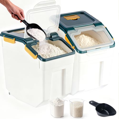 RUIAN 2Pcs Large Flour Storage Container Bin 50Lb Airtight Rice Storage Containers with Wheels Seal Locking Lid, BPA Free with Measuring Cup&Scoop for Flour, Rice, Grain 100LBS Total (Blue) - color: Blue 2Pack 50Lb