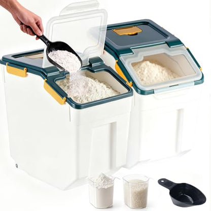 RUIAN 2Pcs Large Flour Storage Container Bin 50Lb Airtight Rice Storage Containers with Wheels Seal Locking Lid, BPA Free with Measuring Cup&Scoop for Flour, Rice, Grain 100LBS Total (Blue) - color: Blue 2Pack 50Lb
