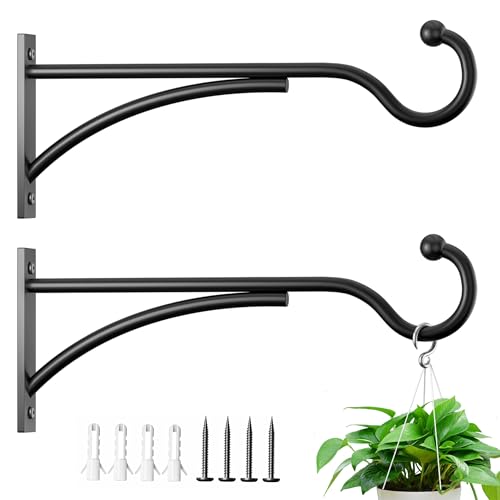 11 Inch 2 Pack Heavy Duty Plant Hangers Outdoor, Metal Plant Brackets for Hanging Baskets, Plant Wall Hooks for Bird Feeders, Wind Chimes & Lanterns, Premium Metal Hooks Matte Black, 30lbs Capacity - size: 11 in, 2 pk