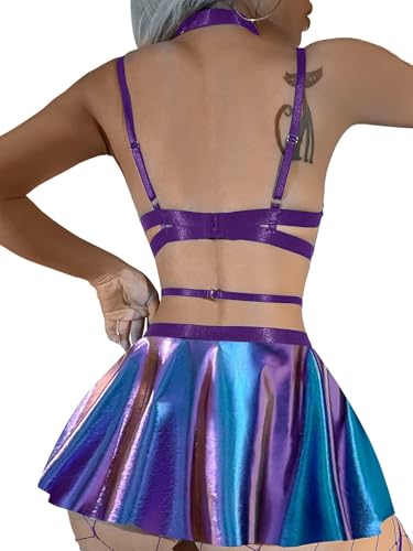Lilosy Sexy Stocking Chocker Strappy Underwire O Ring Push Up Garter Belt Women Skirt 5 Piece - color: Laser Purple, size: Medium