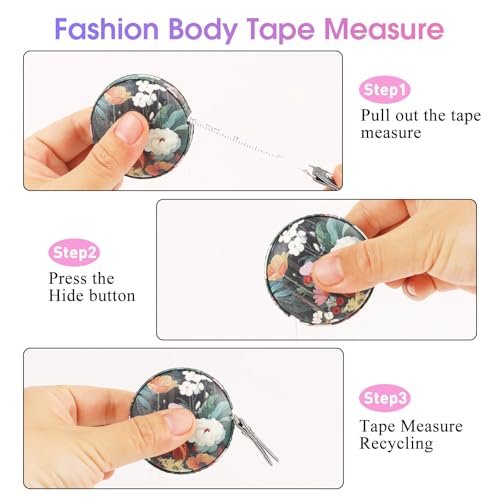 Retractable Mini Tape Measure, Auto-Retract, Premium Leather Tape Measure, Dual-Sided Ruler, Ideal for Fabric Cutting, Body Measurements, and Handicrafts (Black Flowers) - color: Black Flowers