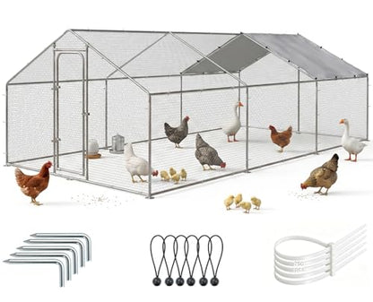 LEMBERI Metal Large Chicken Coop, Spire Shape Walk-in Poultry Chicken Hen cage, Rabbits Duck Cages with Waterproof and Anti-Ultraviolet Cover for Outside,Backyard and Farm - size: 236.16"L x 118.1"W x 76.8"H