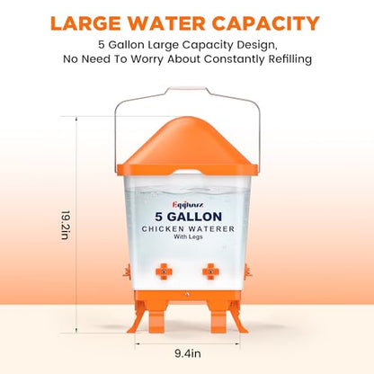 Eggluuz 5 Gallons Chicken Waterer Bucket with Horizontal Nipples, Adjustable Legs and Anti-Roost Cone