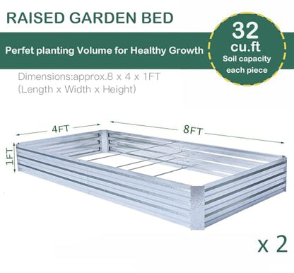 Galvanized Raised Garden Beds 2-Pack (8x4x1ft Each) – Overlapping 4-Inch Panels + 4 Support Bars, Heavy-Duty Metal Planter Box for Vegetables, Herbs, Flowers, No-Deformation Steel Garden Kit - size: 8x4x1ft (2 pcs)