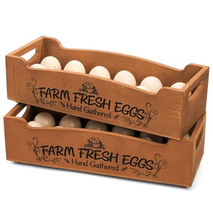 YOUEON Wooden Egg Holder for Countertop, Stackable 2-Tier Egg Crates for 24 Eggs with Handle, Farmhouse Rustic Pinewood Egg Storage Box with “Farm Fresh Eggs” Print, No Assembly Needed