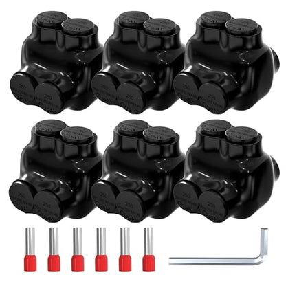 2 Port Insulated Multi Tap Connector 250MCM-6 Gauge Wire Connectors Aluminum to Copper Wire Connectors Dual Entry Black Electrical Cable Connectors with Slotted Allen Hex - 6 Pack - size: 250MCM-6 AWG