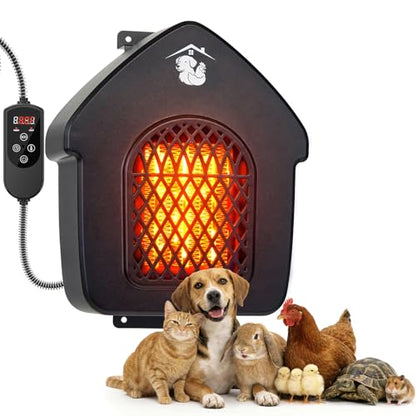600W Dog House Heater with Shermostat, Wall Mount, 10ft Anti Bite Cord, Overheat Protection, Electric Warmer for Hound Kennel, Cat Cage, Chicken Coop, UL Test Passed, Black