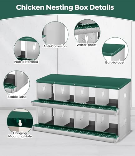 Chicken Nesting Box, 8 Compartment Metal Nesting Box,Wall Mount Chicken Nesting Boxes for Laying Eggs,Easy Egg Collection,8 Room Nest Boxes for Chickens - size: Green 8 Compartment