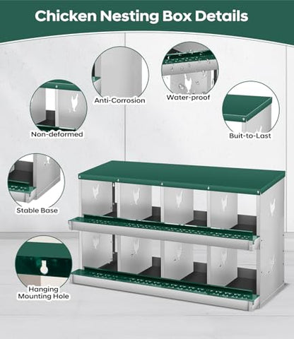 Chicken Nesting Box, 8 Compartment Metal Nesting Box,Wall Mount Chicken Nesting Boxes for Laying Eggs,Easy Egg Collection,8 Room Nest Boxes for Chickens - size: Green 8 Compartment