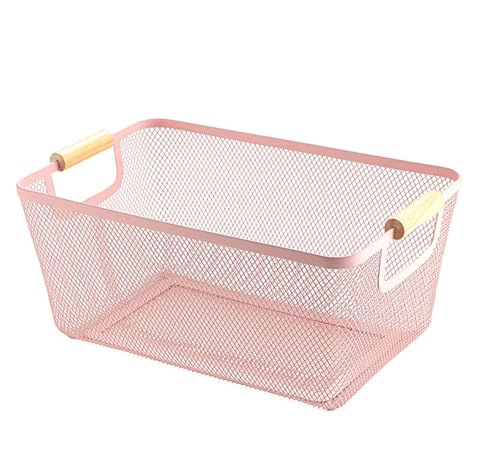 AJIODA Metal Mesh Steel Basket, Large Wire Storage Organizer Basket Multi-function Hanging Kitchen Baskets with Wood Handle for Kitchen Bathroom Picnic Home, Rectangle-Pink - color: Pink, size: 1Pack-Large