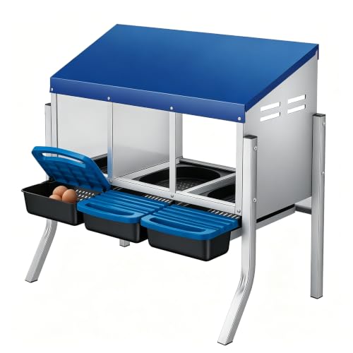 Garvee Heavy Duty Metal Chicken Nesting Box - 3 Compartments, Easy-Collect Roll Away Tray & Lid - Wall Mount or Freestanding, Galvanized Steel, Easy Clean with Bracket, Blue - color: Blue, size: 3 holes