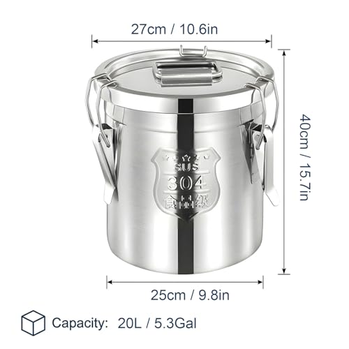 304 Stainless Steel Airtight Storage Bucket with Lid, Food Grade Sealed Canister for Kitchen, Rice, Flour, Grain, Pet Food, Waterproof Camping Storage Container(20L/5.3Gal) - size: 20L/5.3Gal