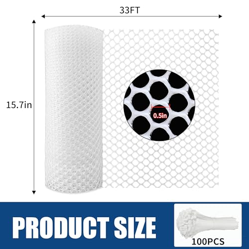 White Plastic Chicken Wire mesh 15.7IN x 33FT,Plastic Chicken Wire Fencing,Poultry Netting,Plastic mesh for Garden,Balcony Fence,Chicken Wire Frame for Crafts, Floral Mesh.with 100 Ties - color: 33ft White