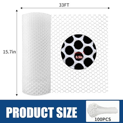 White Plastic Chicken Wire mesh 15.7IN x 33FT,Plastic Chicken Wire Fencing,Poultry Netting,Plastic mesh for Garden,Balcony Fence,Chicken Wire Frame for Crafts, Floral Mesh.with 100 Ties - color: 33ft White