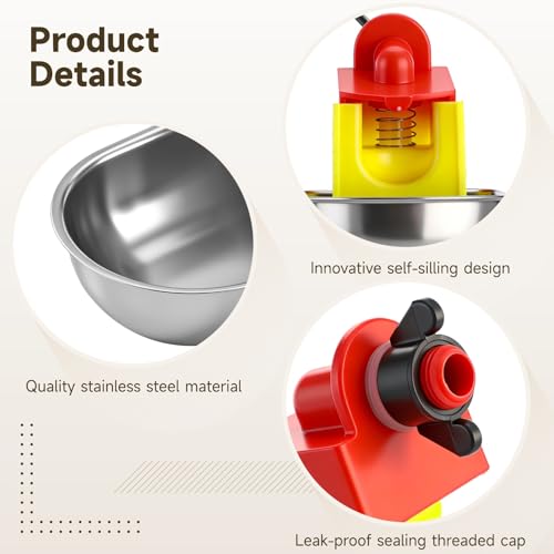 12 Pcs Automatic Chicken Water Cups, Stainless Steel Poultry Drinker Bowls, Self-Filling Waterer for Ducks, Rabbits, Geese & Quails, Fits 5 Gallon Bucket and PVC Pipe Poultry Watering System