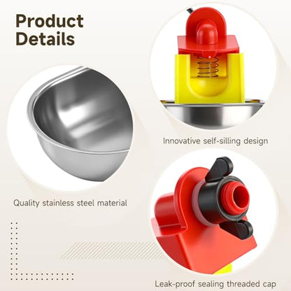 12 Pcs Automatic Chicken Water Cups, Stainless Steel Poultry Drinker Bowls, Self-Filling Waterer for Ducks, Rabbits, Geese & Quails, Fits 5 Gallon Bucket and PVC Pipe Poultry Watering System