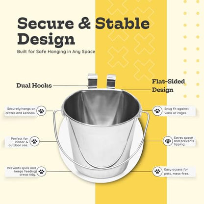 6 quart Stainless Steel Flat Sided Bucket with Dual Hooks | 1.5 gal Durable Food & Water Bowl for XL Dog Goat Sheep & Livestock | Fits kennel Cage Critter Crate | Hanging Utility Pet Pail - size: 6 Quart