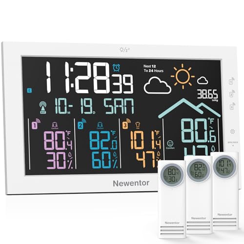 Newentor Weather Station Wireless Indoor Outdoor Thermometer, Home Weather Stations Digital Large Display, Atomic Clock with Multiple Sensors, Weather Forecast Temperature Humidity Barometer, White - color: White