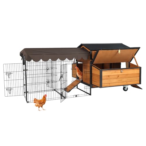 Large Chicken Coop for 6-8 Chickens, Mobile Chicken Tractor with Wheels and Sturdy Metal Frame, Nesting Box and Pull-Out Tray, Weatherproof Hen House for Backyard Farm Garden, Easy to Clean & Assemble - color: Brown, size: 76.65"L x 53.81"W x 36.81"H