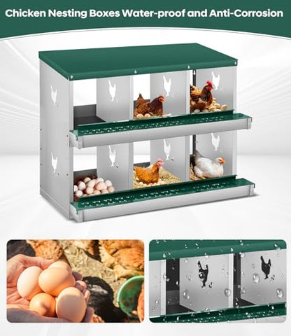 Garvee Chicken Nesting Box, 6 Compartment Metal Wall Mount Nest Boxes, Poultry Hen Laying Eggs Box, Easy Egg Collection, Heavy Duty 6 Room Nesting Box for Chicken Coop Backyard Farm - size: 6 Compartment