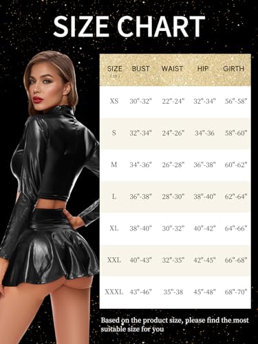 Kepblom Women's Metallic Crop Top Long Sleeve Mock Neck Turtleneck Holographic Zip Up Blouses - color: Black, size: Small
