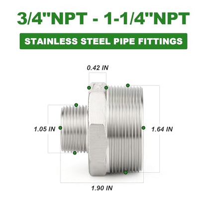 TAISHER 2PCS Cast 304 Stainless Steel Hex Nipple, Reducer Pipe Fitting 1-1/4" NPT Male x 3/4" NPT Male - size: 1-1/4" NPT x 3/4" NPT