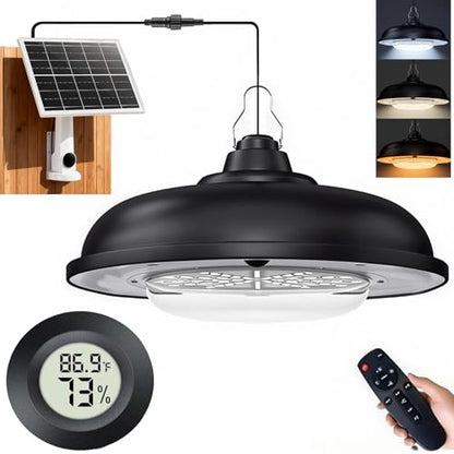 Solar Light & Thermometer Hygrometer Set | 3 Color Dimming Hanging Lamp with Remote Control & Dusk to Dawn | Waterproof for Shed Chicken Coop Gazebo Garage Greenhouse - size: Without pulleys