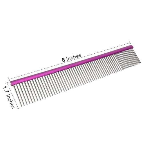 Pet Comb 8 inches Comfortable Grooming Comb with Different-Spaced Rounded Stainless Steel Teeth, Easy Grip and Convenient Grooming for Pets Dog Cat with Medium Coarse Fur - Purple - size: 8"