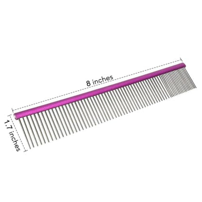 Pet Comb 8 inches Comfortable Grooming Comb with Different-Spaced Rounded Stainless Steel Teeth, Easy Grip and Convenient Grooming for Pets Dog Cat with Medium Coarse Fur - Purple - size: 8"