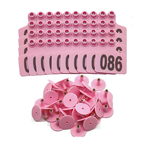 100PCS Cattle Ear Tags Numbered 001-100, Plastic Livestock Animal Ear Tag for Cows Goats Sheep Pigs Animal Identification Earring Tagger (Pink) - color: Pink