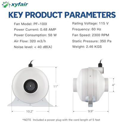 PF-100 | Radon Mitigation Fan 4" 190CFM | Waterproof Duct Fan (Indoor/Outdoor)