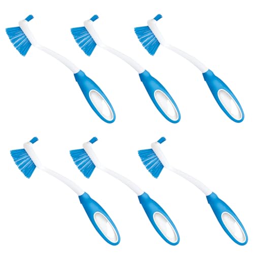 Dish Brush Kitchen Scrubber, 6 Pack, by LOLA, Has Stiff Bristles & Food Scraper, Comfort No-Slip Grip Handle, Safe for Non-Stick & Coated Cookware - color: White & Blue, size: 6 Pack