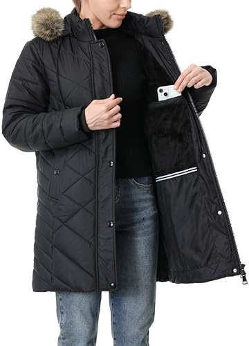 Women's Long Warm Winter Coat Windproof Thickened Fleece Lined Down Jacket Waterproof Puffer Outerwear with Removable Hood - color: Black, size: 3X-Large