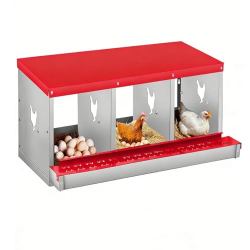 3 Compartment Chicken Nest, Stainless Steel Laying Boxes for Hens with 4 Dummy Eggs and 10 Dampproof Pets Mats, Wall Mounted or Free Standing Chicken Boxes, Roll Out Design, Red - color: Red, size: 3-Room