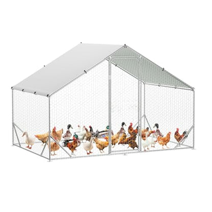 9.8' x 6.5' x 6.5' Chicken Coop Run, Galvanized Steel Chicken Pen with Anti-Ultraviolet Waterproof Cover, Spire-Roof Walk-in Poultry Cage, Metal Chicken Coop for Outdoor Farm Use - size: 9.8' W x 6.5' D x 6.5' H