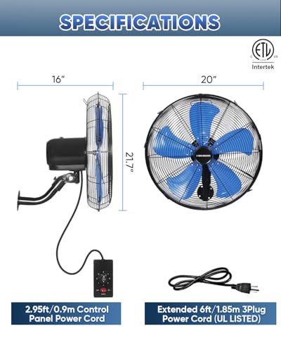 KEN BROWN 18 Inch 3-Speed High Velocity Industrial Oscillating Fan, Wall Mount Fan with Max. 4200 CFM, Seperated Switch and 5 Blades, Heavy Duty Metal for Household/Patio/Workshop, Blue - size: 18 Inch Wall Fan