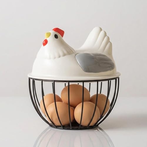 Chicken Egg Basket Metal Wire Egg Holder Countryside Farmhouse Style Storage Basket with Portable Handles Suitable for Collection Home, Gray Lid