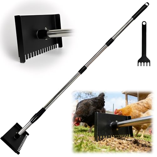 Chicken Coop Droppings Board Scraper Tool with Hand Scraper 68.5" Long Handle Chicken Coop Poop Scoop with Telescopic Pole, Dual-Sided Iron Rake & Flat Scraper, Essential Poultry Accessories