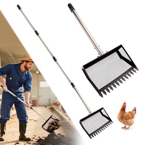 Chicken Poop Scooper, 2-in-1 Chicken Coop Scoop Rack with Duable Stainless Steel Handle, Sand Shifting Shovel Metal Coop Scoop, Pooper Scooper for Farm Animals