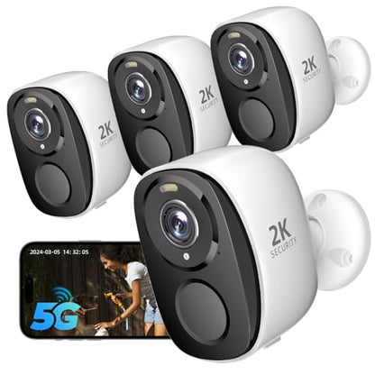 Rraycom 4 Pack 2K Security Cameras Wireless Outdoor, Battery Powered 5GHz/2.4GHz WiFi Cameras for Home Security, AI Motion Detection, Color Night Vision, Siren Alarm, 2-Way Audio, IP65, Cloud/SD,Alexa - color: White