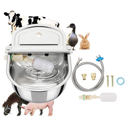 NYXOVA Automatic Drinking Water Bowl, 304 Stainless Steel Waterer with Float Valves, 39.3" Pipe Hose (1/2" Ends), 1/2" Female & 3/4" Male Connectors, Auto Water Trough for Dog Horse Goat Pig Cow