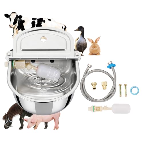 NYXOVA Automatic Drinking Water Bowl, 304 Stainless Steel Waterer with Float Valves, 39.3" Pipe Hose (1/2" Ends), 1/2" Female & 3/4" Male Connectors, Auto Water Trough for Dog Horse Goat Pig Cow