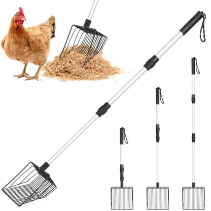 Chicken Poop Scooper & Rake, 3 in 1 Chicken Coop Scoop 23" to 42" Adjustable, Durable Metal Sifting Litter Shovel, Chicken Coop Accessories for Chickens Coop, Small Farm Animals, Cat Litter