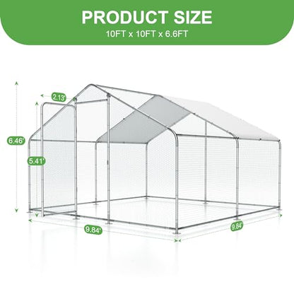 Large Metal Chicken Coop, 10'x10'x6.6' Walk-in Poultry Cage Outdoor Chicken Run Pen w/Waterproof & Anti-UV Cover, Hen House w/Security Lockable Door for Farm Backyard Duck Rabbit Cage Spire Roof - size: 120.0"L x 120.0"W x 79.0"H